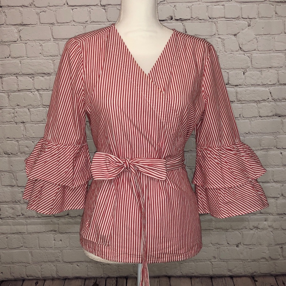 Red/white Stripped, Faux-Wrap Top, sz Sm